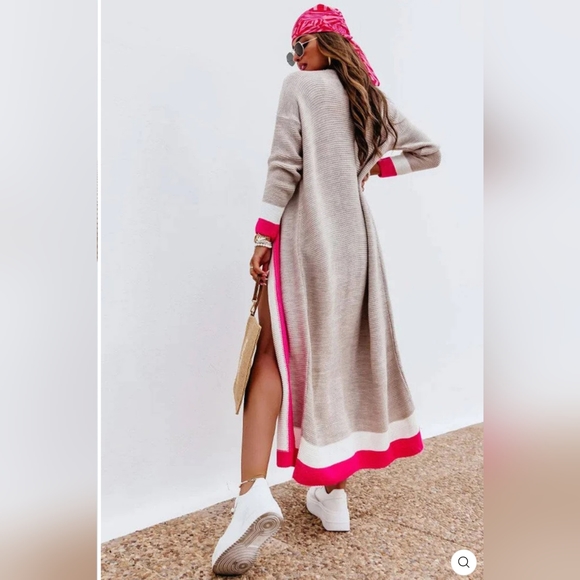 "CERSEI" ITALIAN DESIGNER CARDIGAN LONGLINE COLOR BLOCK IN HOT PINK - US 10-12 - Picture 6 of 11